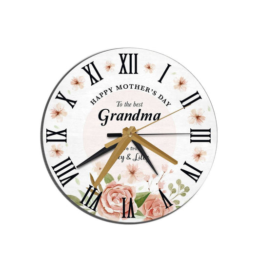 The Best Grandma Mother's Day Gift Watercolour Floral Personalised Wooden Clock, Mother's Day Wooden Clock, Gift For Mom