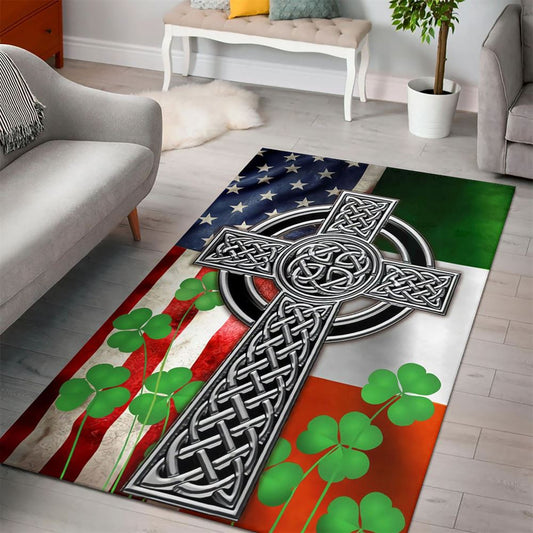 The Irish Celtic Cross St Patrick's Rug, St Patrick's Day Rug, Clover Rug For Irish Decor, Green Rug