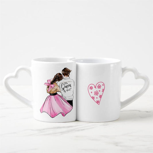 The Queen Of My Heart Valentine Day Couple In Love Coffee Heart shaped Mug Set, Coffee Mugs For Couples, Valentine Mugs, Valentine Gift