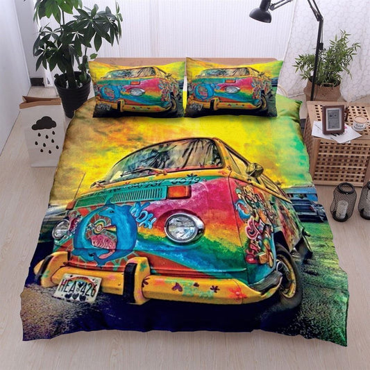 Tie Dye Happy Hippie Van Quilt Bedding Set, Boho Bedding Set, Soft Comfortable Quilt, Hippie Home Decor