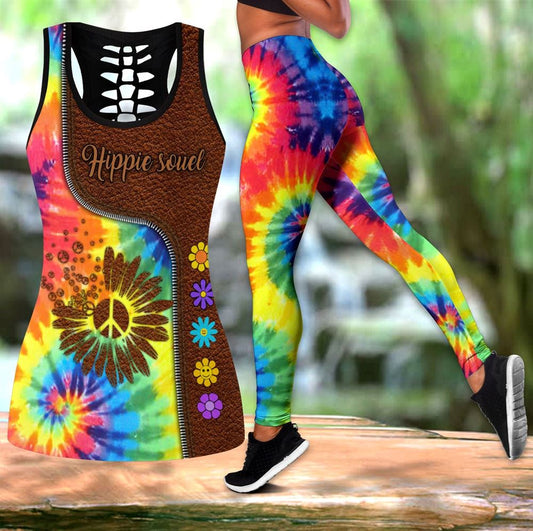 Tie Dye Hippie Soul Hollow Tanktop Leggings, Sports Clothes Style Hippie For Women, Gift For Yoga Lovers