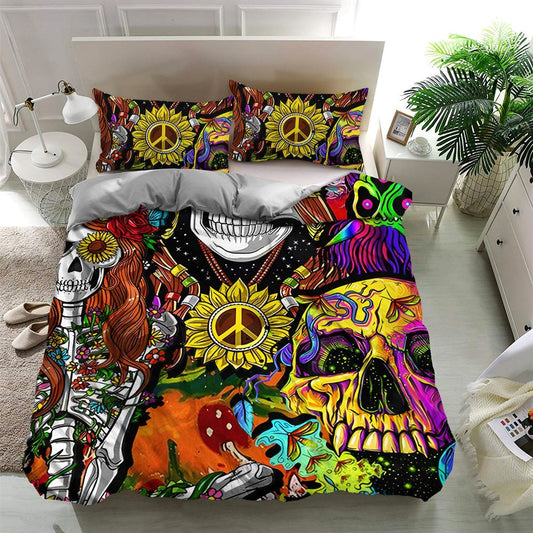 Tie Dye Skull Hippie Quilt Bedding Set, Boho Bedding Set, Soft Comfortable Quilt, Hippie Home Decor