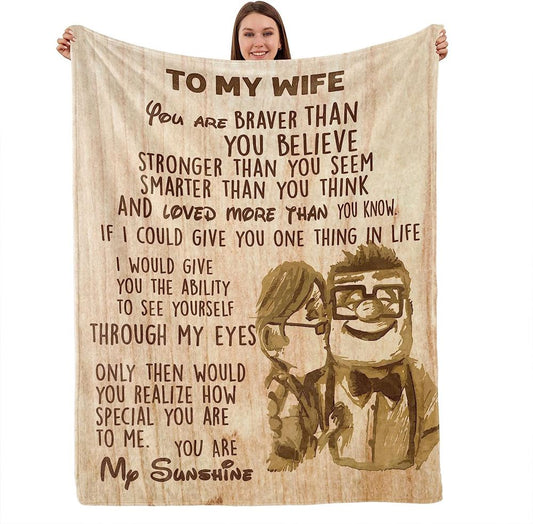 To My Wife You Are My Sunshine Blanket, Cute Couple Cartoon Blanket From Husband On Valentine Wedding Anniversary, Valentine Blanket