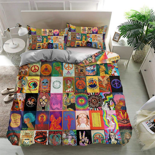 Towards Hippie Freedom Quilt Bedding Set, Boho Bedding Set, Soft Comfortable Quilt, Hippie Home Decor