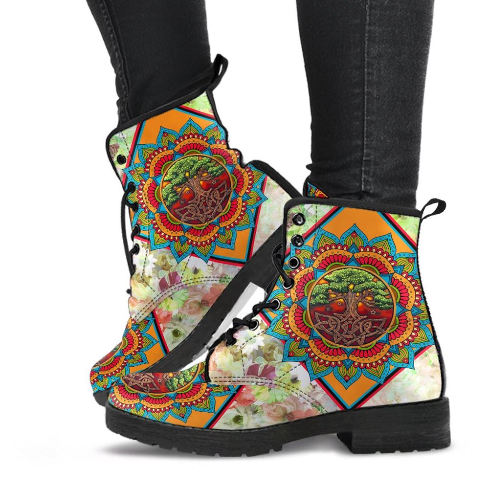 Tree Of Life Floral Mandala Leather Boots For Men And Women, Gift For Hippie Lovers, Hippie Boots, Lace Up Boots