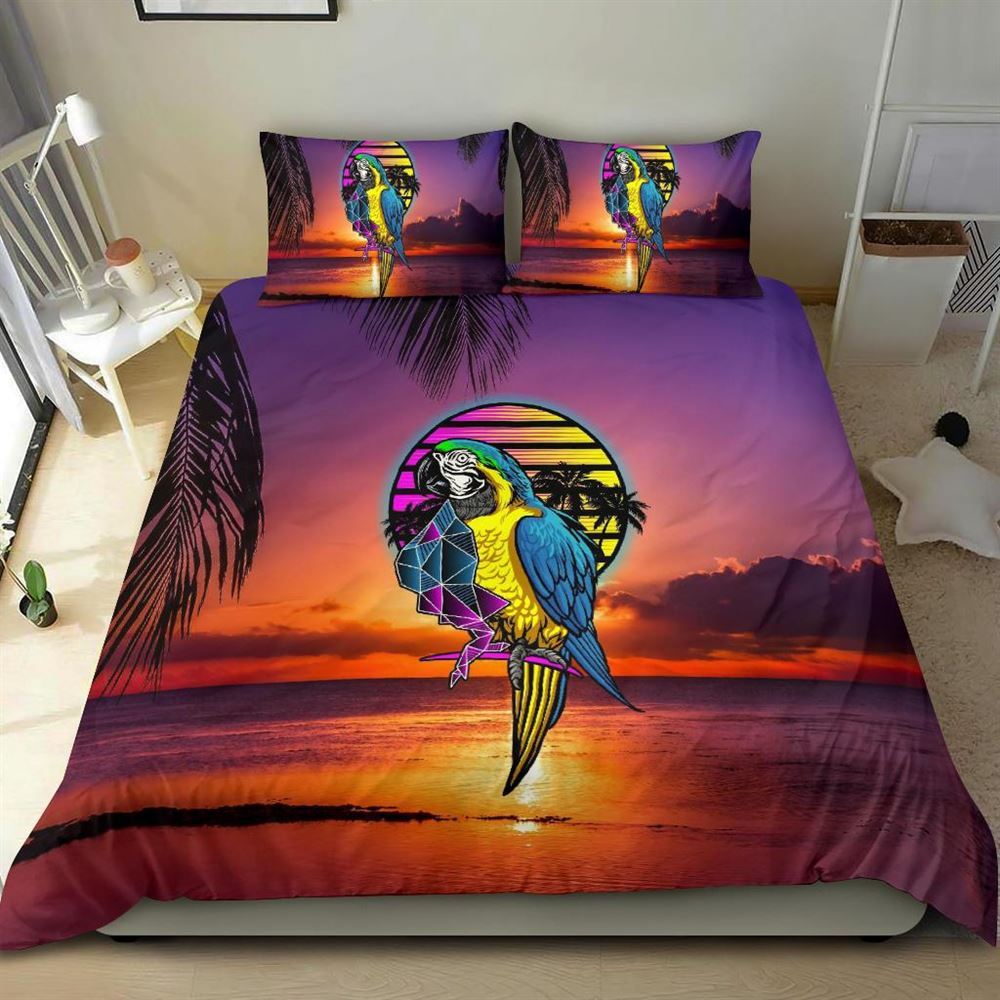 Tropical Sunset Parrot Colorful Multicolored Quilt Bedding Set, Boho Bedding Set, Soft Comfortable Quilt, Hippie Home Decor