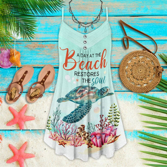 Turtle A Day At The Beach Restores The Soul Spaghetti Strap Summer Dress For Women On Beach Vacation, Hippie Dress, Hippie Beach Outfit