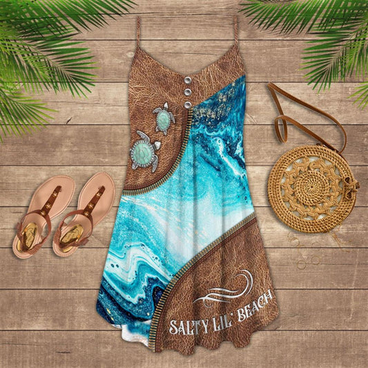 Turtle Leather Style Salty Lil Beach Spaghetti Strap Summer Dress For Women On Beach Vacation, Hippie Dress, Hippie Beach Outfit