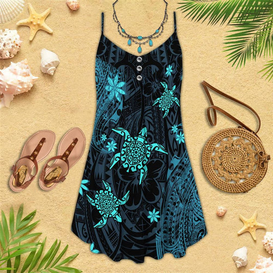 Turtle Moana Pattern Spaghetti Strap Summer Dress For Women On Beach Vacation, Hippie Dress, Hippie Beach Outfit