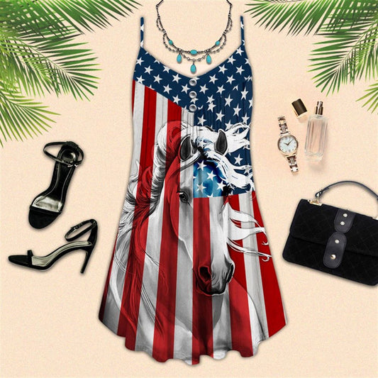 USA Flag American Horse Spaghetti Strap Summer Dress For Women On Beach Vacation, Hippie Dress, Hippie Beach Outfit