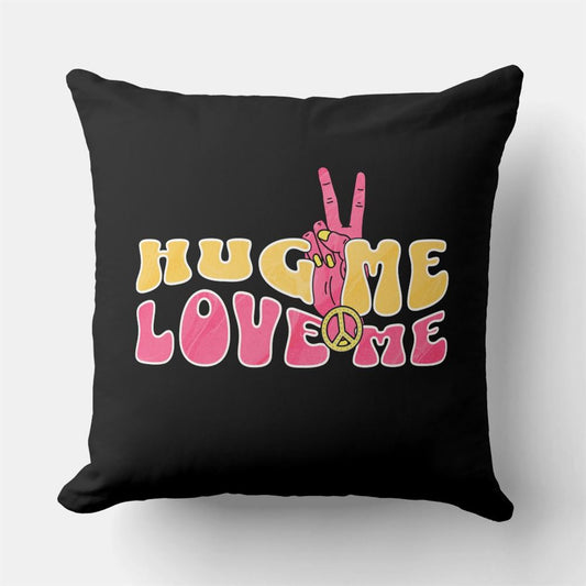 Valentine Pillow, Hug Me Love Me Peace Sign Vintage Retro Valentines Black Throw Pillow, Heart Throw Pillow, Valentines Day Decor