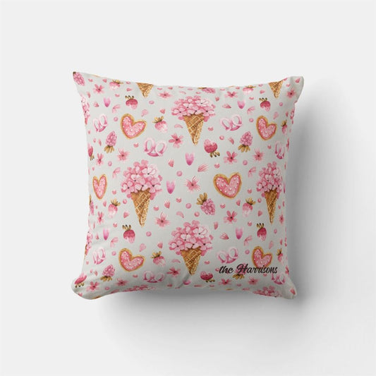 Valentine Pillow, Name On Pink Hydrangeas Valentines Pattern Throw Pillow, Heart Throw Pillow, Valentines Day Decor