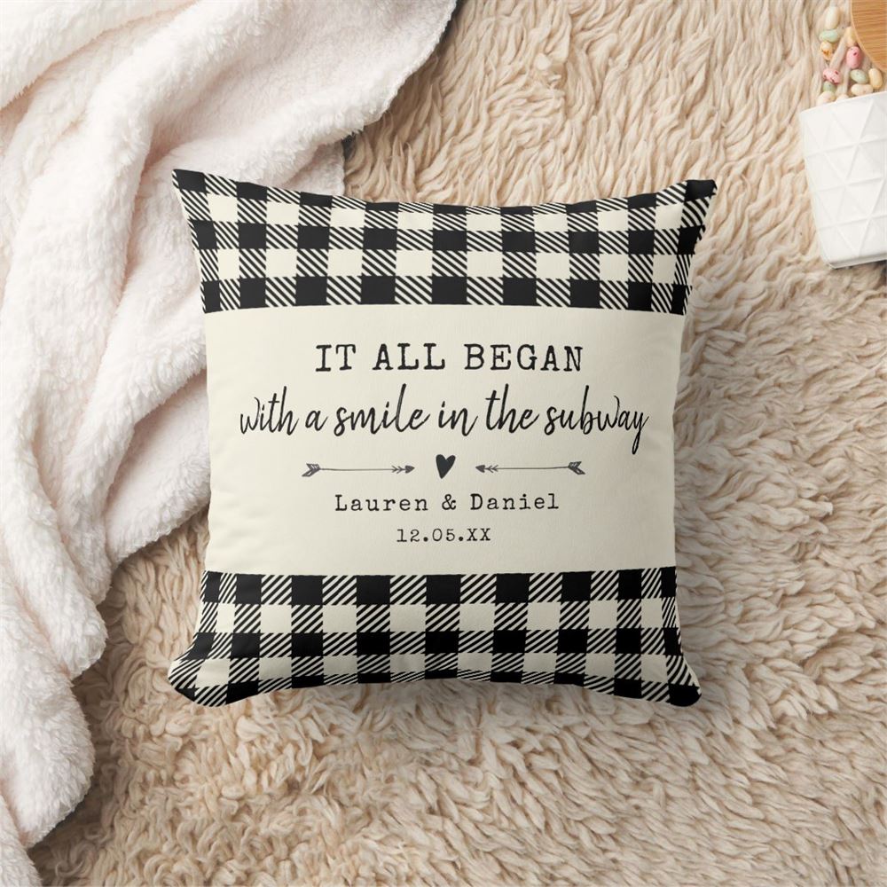 Valentine Pillow, Where It All Began Ivory Plaid Valentines Day Throw Pillow, Heart Throw Pillow, Valentines Day Decor