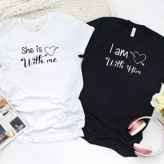 Valentine'S Day Matching Outfits Set - She Is With Me & I Am With Him For Couples, Couple T Shirts, Valentine T-Shirt, Valentine Day Gift