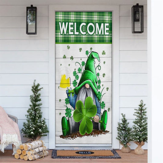 Welcome Gnome Holds Clover Door Cover, St Patrick's Day Door Cover, St Patrick's Day Door Decor, Irish Decor