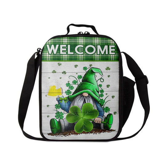 Welcome Gnome Holds Clover Lunch Bag, St Patrick's Day Lunch Box, St Patrick's Day Gift