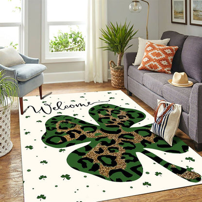 Welcome St Patrick's Day Leopard Shamrock Clover Rug, St Patrick's Day Rug, Clover Rug For Irish Decor, Green Rug