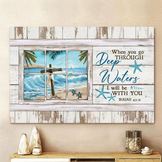When You Go Through Deep Water I Will Be With You Cross Ocean Sea Turtle Canvas Painting - Christian Wall Art - Gifts For Turtle Lovers