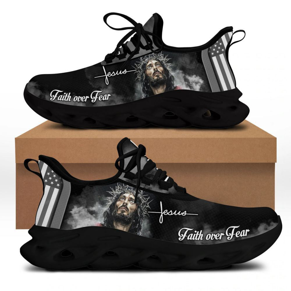 White And Black Jesus Faith Over Fear Running Sneakers Max Soul Shoes, Christian Soul Shoes, Jesus Running Shoes, Fashion Shoes