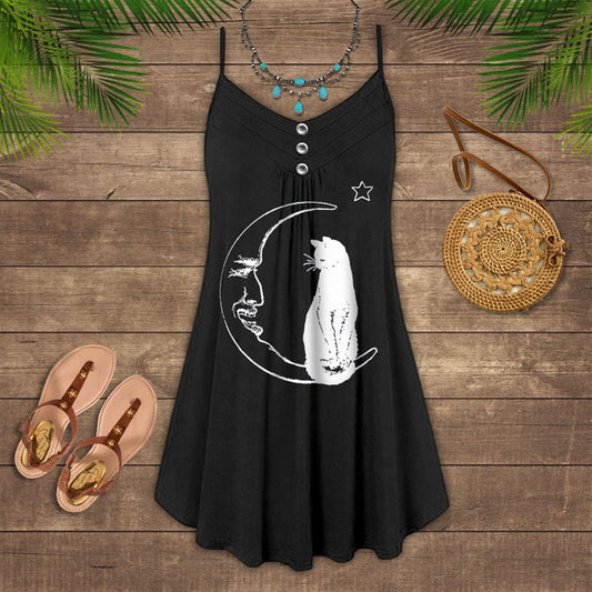 White Cat Moon Spaghetti Strap Summer Dress For Women On Beach Vacation, Hippie Dress, Hippie Beach Outfit