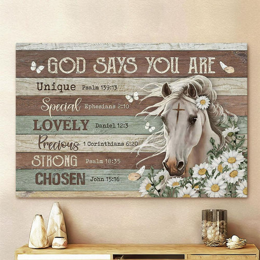 White Horse Daisy Flower God Says You Are Canvas Art - Bible Verse Wall Art - Wall Decor Christian