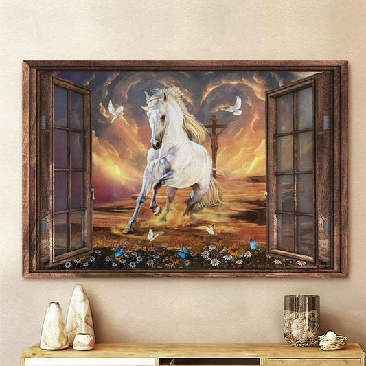 White Horse Running Jesus On The Cross Canvas Prints - Christian Wall Art - Religious Home Decor
