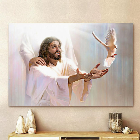 White Jesus And The Dove Canvas Wall Art - Jesus Canvas - Christian Wall Art - Jesus Wall Decor