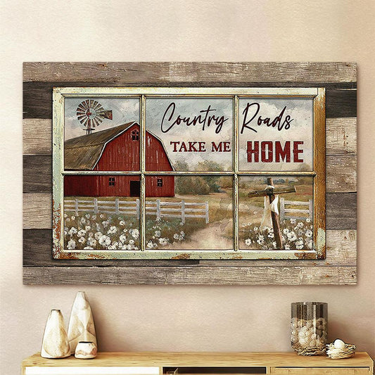 White Poppy Red House Country Roads Take Me Home Canvas Art - Bible Verse Wall Art - Wall Decor Christian
