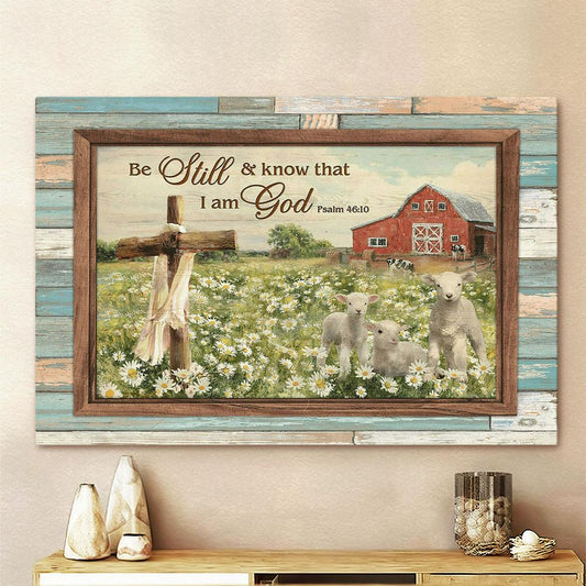 White Sheep Daisy Field Be Still And Know That I Am God Canvas Art - Bible Verse Wall Art - Wall Decor Christian