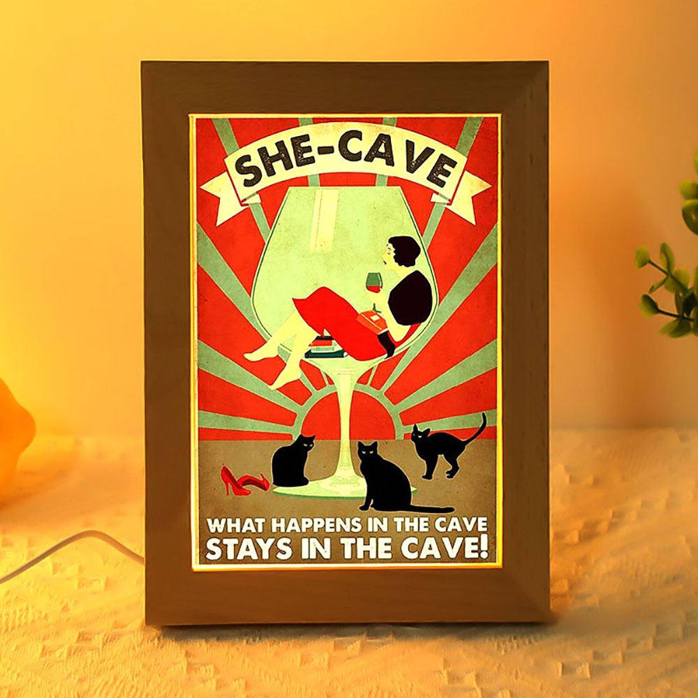 Wine Cat What Happens In The Cave Stays In The Cave Frame Lamp, Mother's Day Frame Lamp, Led Lamp For Mom, Mother's Day Gift