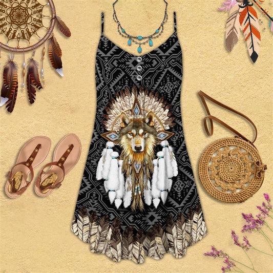 Wolf Native American Spaghetti Strap Summer Dress For Women On Beach Vacation, Hippie Dress, Hippie Beach Outfit