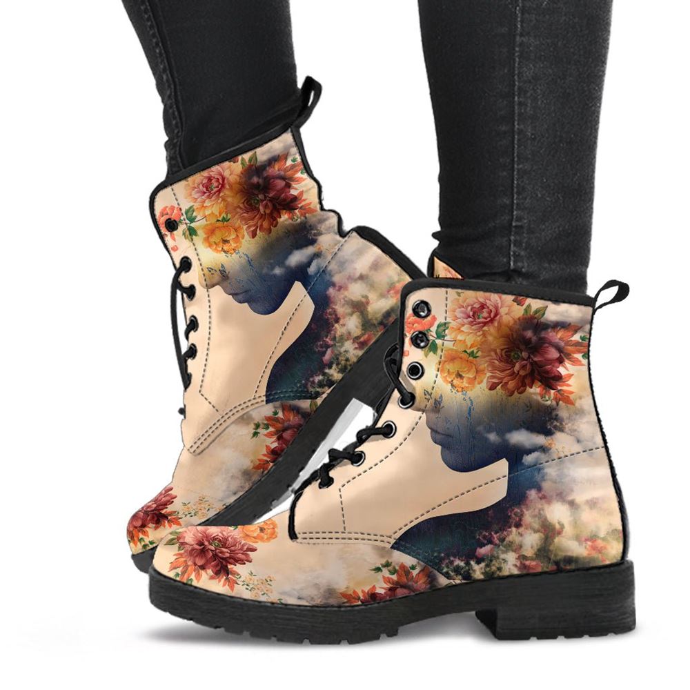 Woman Flower Leather Boots For Men And Women, Gift For Hippie Lovers, Hippie Boots, Lace Up Boots