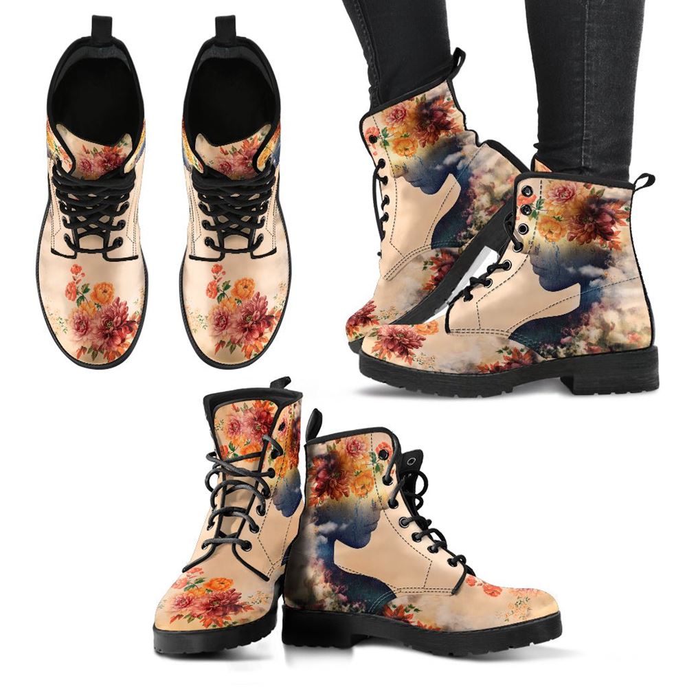 Woman Flower Leather Boots For Men And Women, Gift For Hippie Lovers, Hippie Boots, Lace Up Boots