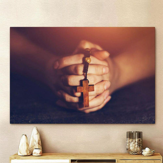 Woman Holding Rosary Praying Canvas Pictures - Faith Art - God Canvas Wall Art Decor