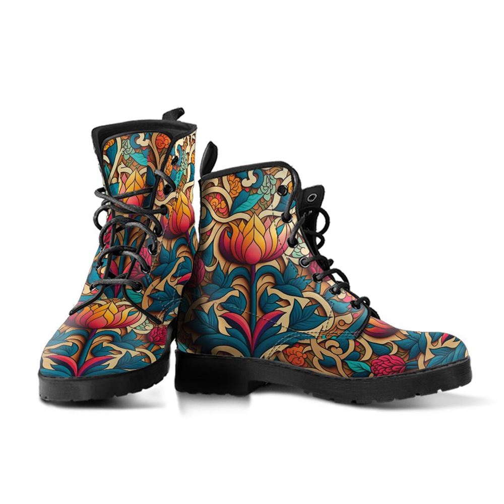 Wonderland Flower Leather Boots For Men And Women, Gift For Hippie Lovers, Hippie Boots, Lace Up Boots