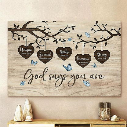 Wooden Heart Oldest Tree Blue Butterfly God Says You Are Unique Canvas Art - Bible Verse Wall Art - Wall Decor Christian
