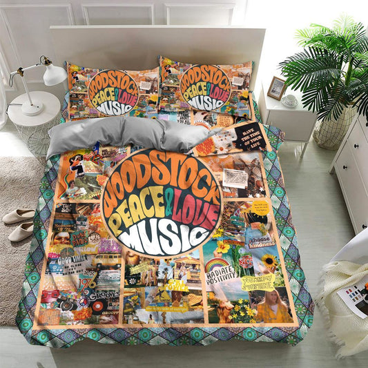 Woodstock Peace & Love Music Quilt Bedding Set, Boho Bedding Set, Soft Comfortable Quilt, Hippie Home Decor