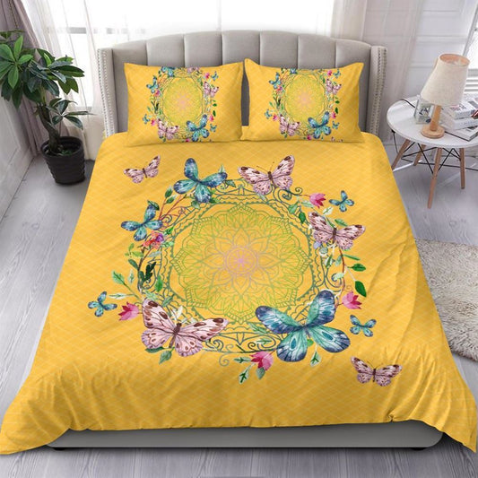 Yellow Bright Butterfly Mandala Multicolored Piece Quilt Bedding Set, Boho Bedding Set, Soft Comfortable Quilt, Hippie Home Decor