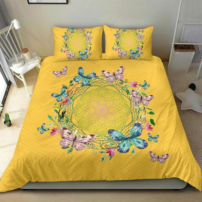 Yellow Bright Butterfly Mandala Multicolored Piece Quilt Bedding Set, Boho Bedding Set, Soft Comfortable Quilt, Hippie Home Decor