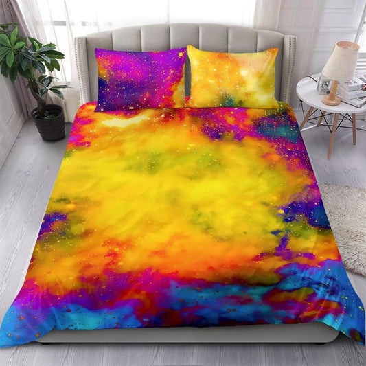 Yellow Bright Multicolored Galaxy Burst Nebula Universe Quilt Bedding Set, Boho Bedding Set, Soft Comfortable Quilt, Hippie Home Decor