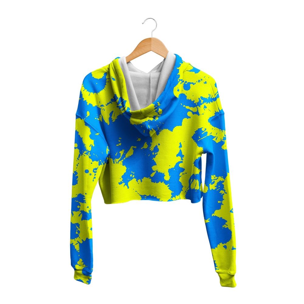 Yellow and Blue Paint Splatter Crop Hoodie, Women Crop Hoodie, Hippie, Psychedelic Crop Hoodie, Hippie Cropped Hoodie, Festival Clothing