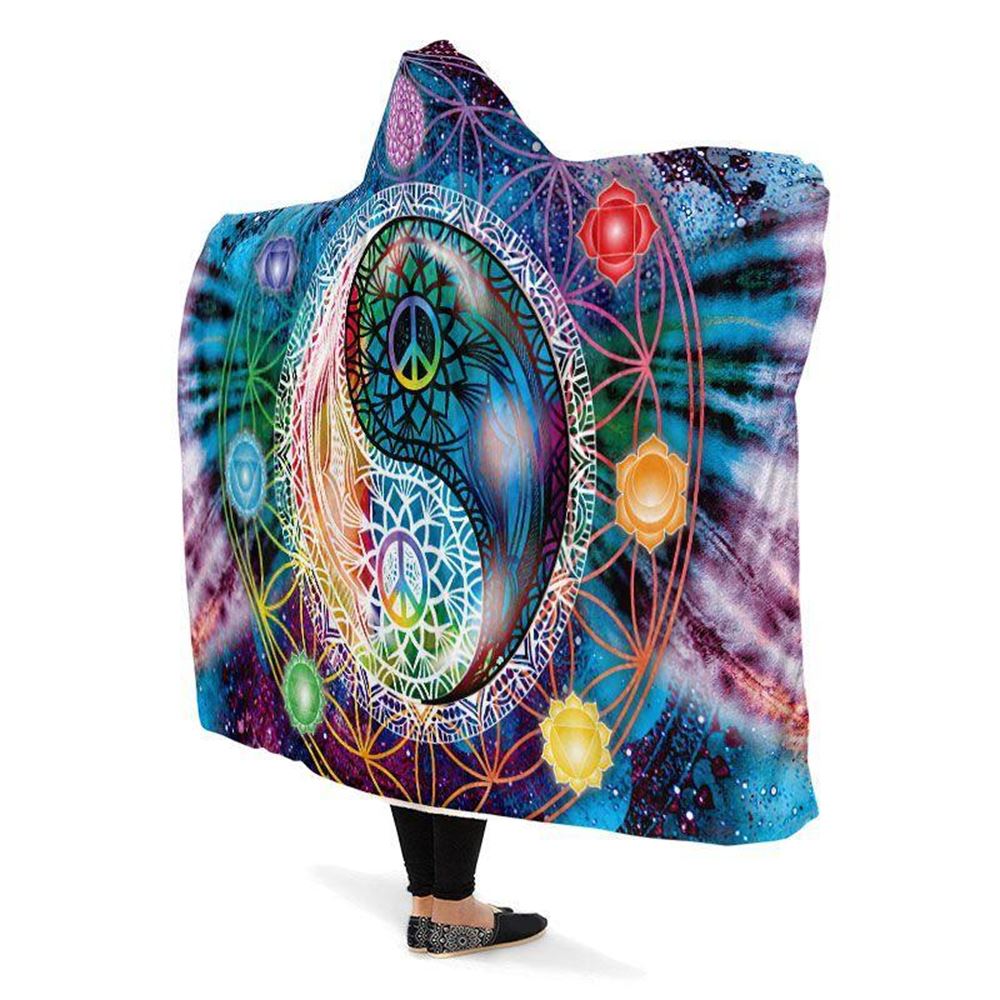Yin Yang Chakra And Peace Hooded Blanket, Hippie Hooded Blanket, In Style Mandala, Hippie, Cozy Vibes, Mandala Gift