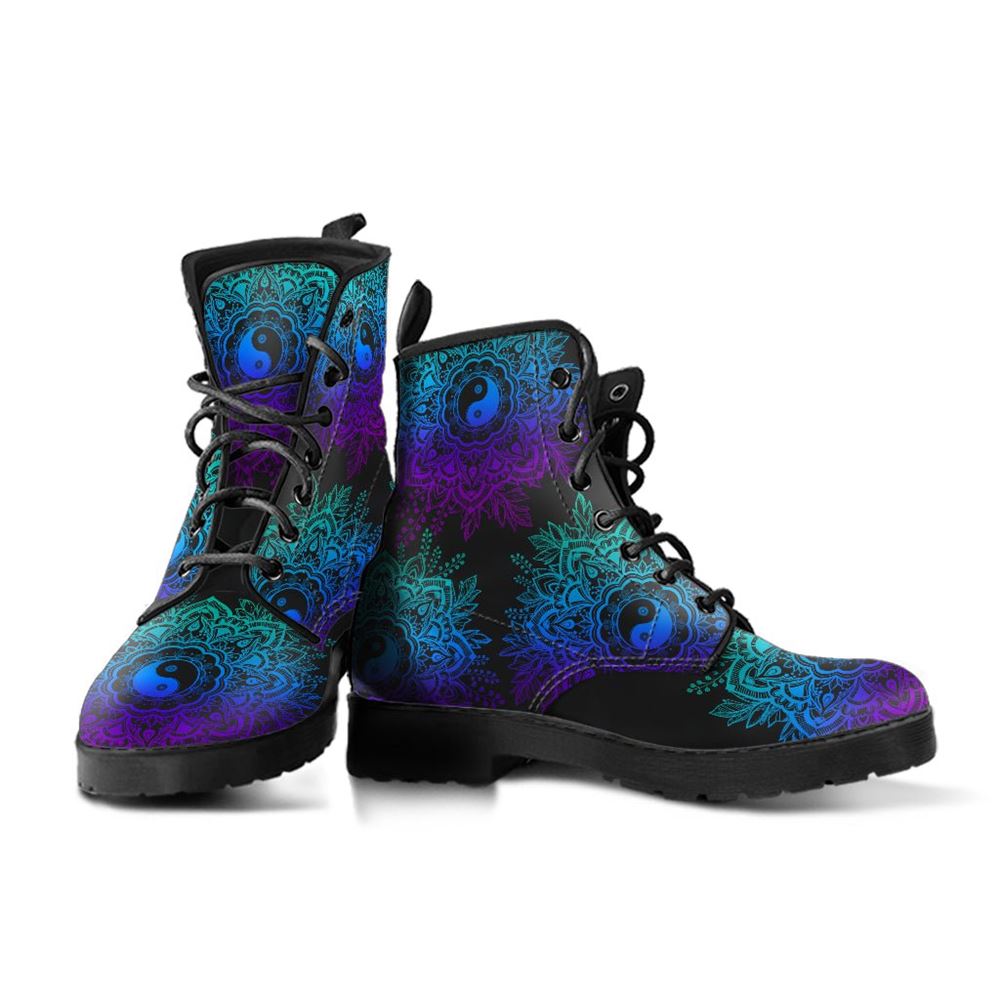 Yin Yang Mandala Leather Boots For Men And Women, Gift For Hippie Lovers, Hippie Boots, Lace Up Boots