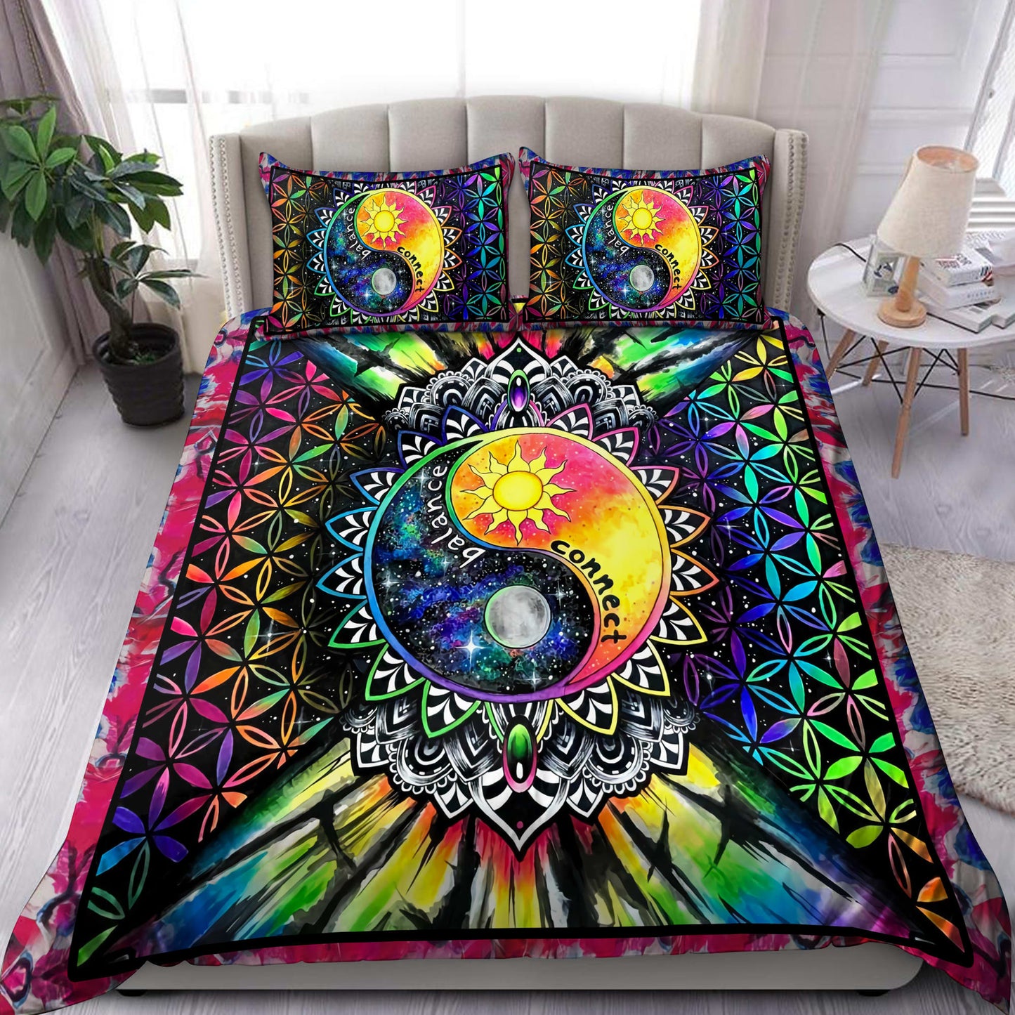 Ying Yang Hippie Quilt Bedding Set, Boho Bedding Set, Soft Comfortable Quilt, Hippie Home Decor
