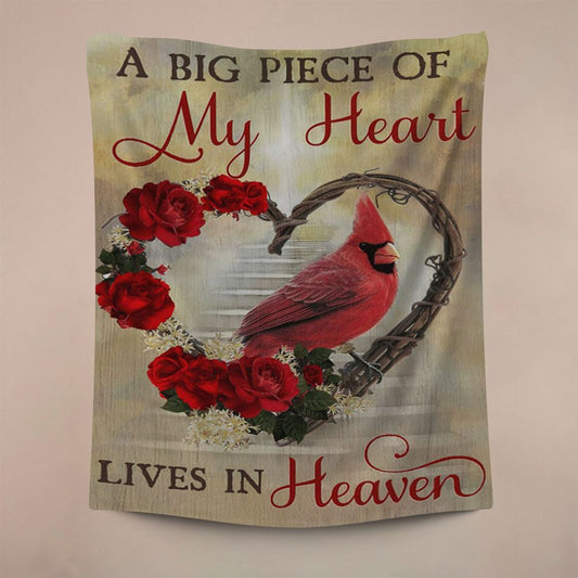 A Big Piece Of My Heart Lives In Heaven Red Rose Cardinal Tapestry, Christian Wall Art Decor, Religious Tapestry Prints, Christian Art