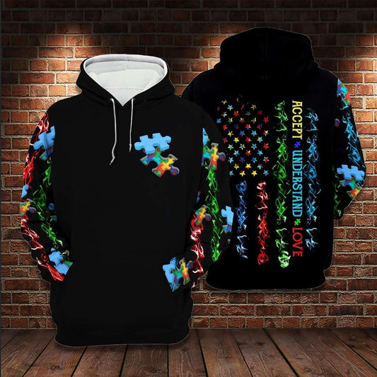 Autism Hoodie, American Flag Colorful Puzzle Piece All Over Print Hoodie