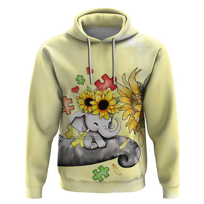 Autism Hoodie, Autism Acceptance Month Elephant With Sunflower All Over Print Hoodie