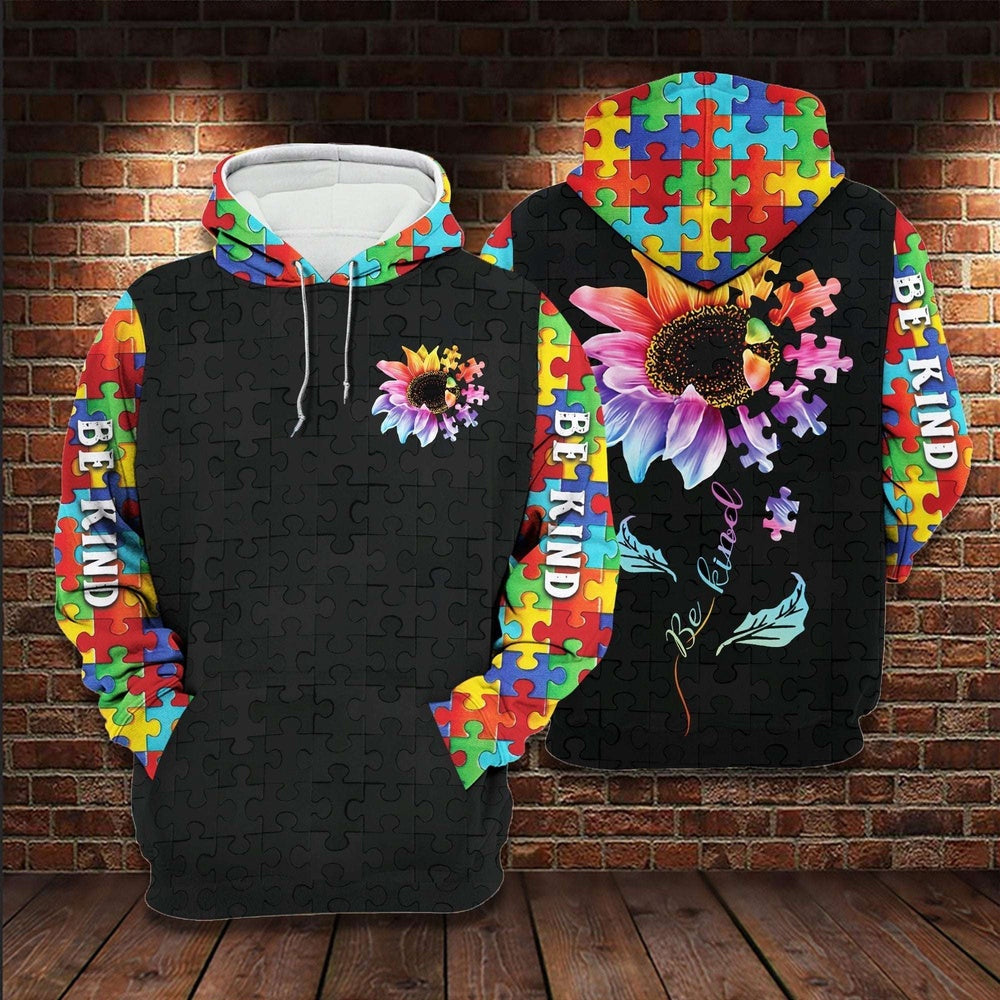 Autism Hoodie, Be Kind Flower Color Puzzle Piece All Over Print Hoodie