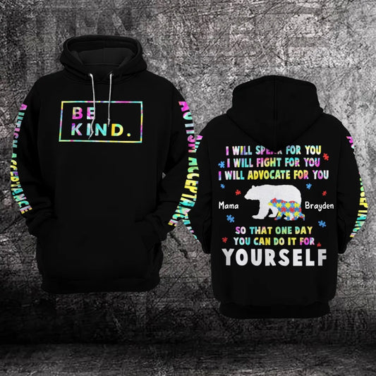 Autism Hoodie, Bear Autism Awarenesss Acceptance I Will Speak For You Custom All Over Print Hoodie