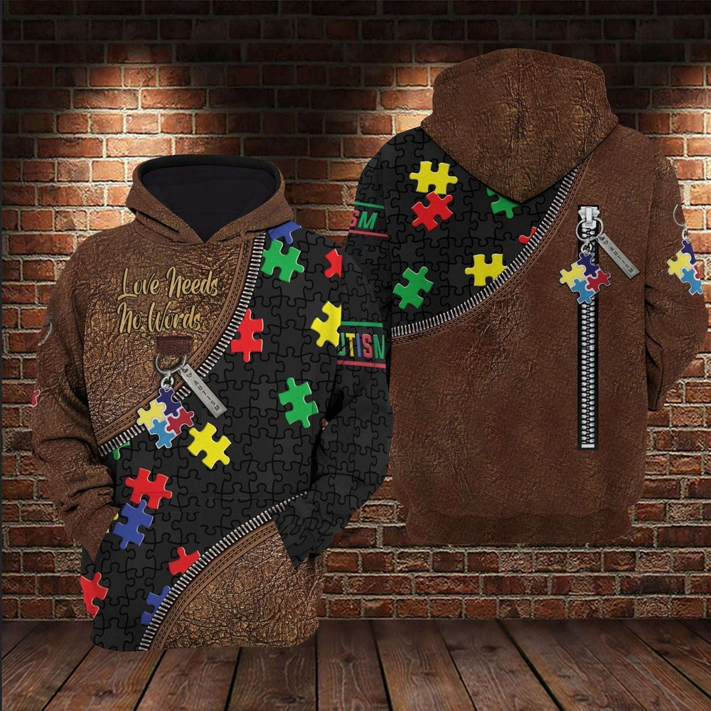 Autism Hoodie, Brown Leather Love Needs No Words All Over Print Hoodie